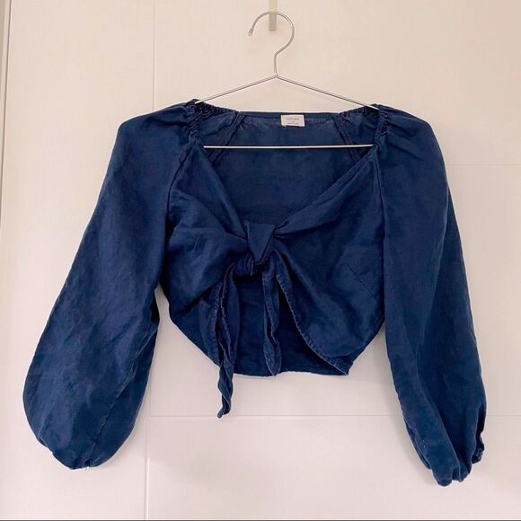 Aritzia Wilfred Linen Tie-Front Crop Top Blouse XS - Navy Blue - Picture 2 of 8